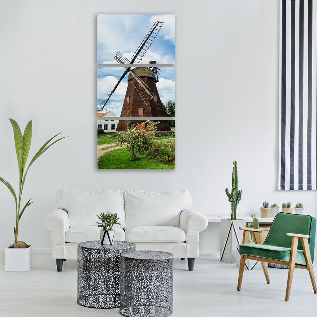 windmill clouds house garden trees Vertical Canvas Wall Art