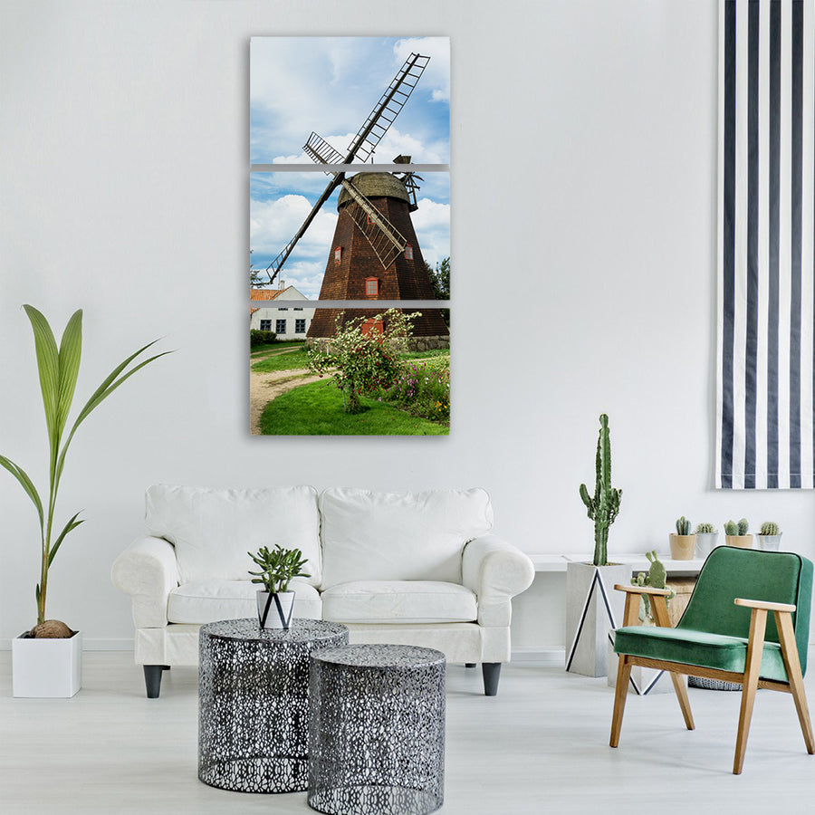 windmill clouds house garden trees Vertical Canvas Wall Art