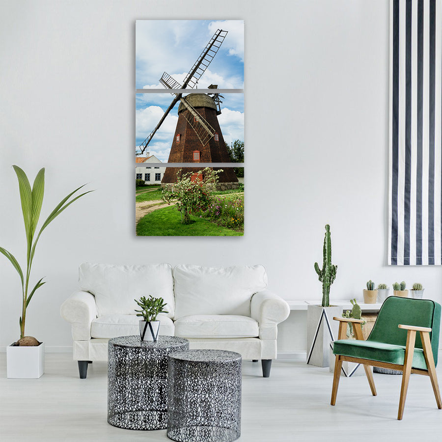 windmill clouds house garden trees Vertical Canvas Wall Art