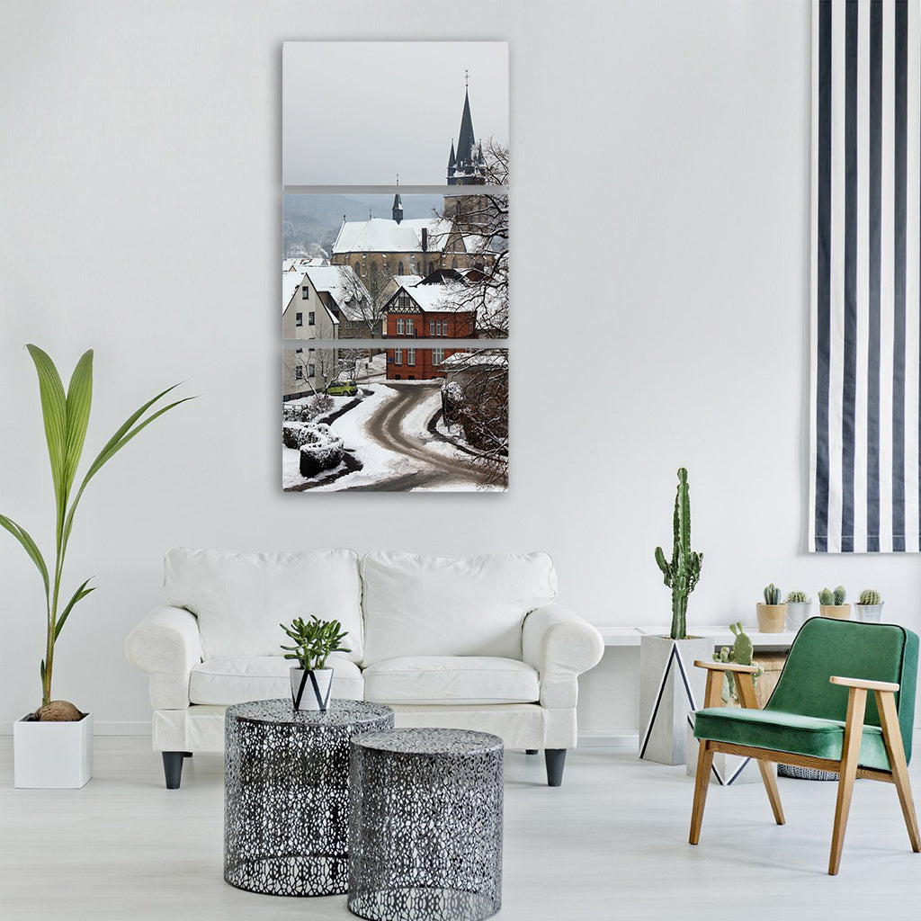 winter snow cityscape building Vertical Canvas Wall Art