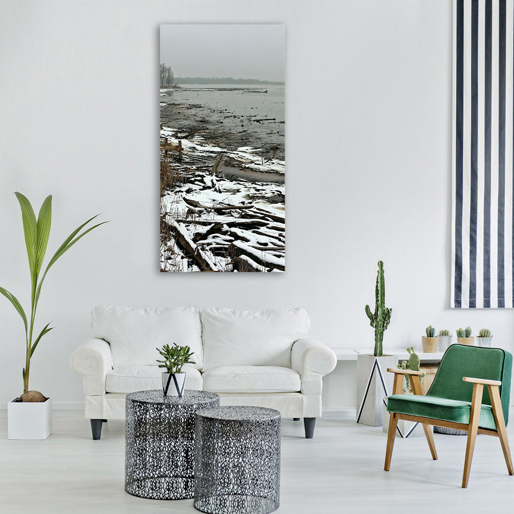 winter beach bank water wood Vertical Canvas Wall Art