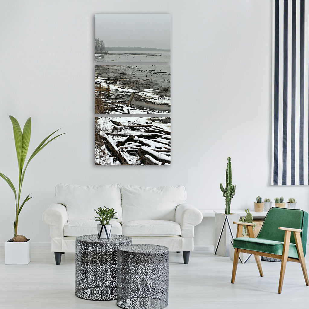 winter beach bank water wood Vertical Canvas Wall Art
