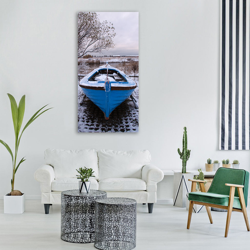 Winter boat snow paving blue Vertical Canvas Wall Art