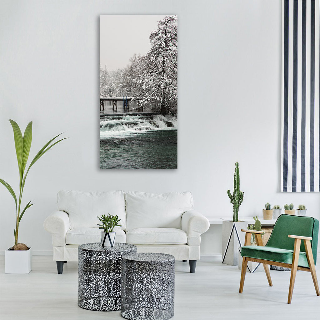 winter snow river cold nature Vertical Canvas Wall Art