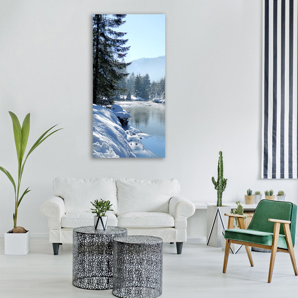 winter snow nature landscape river Vertical Canvas Wall Art