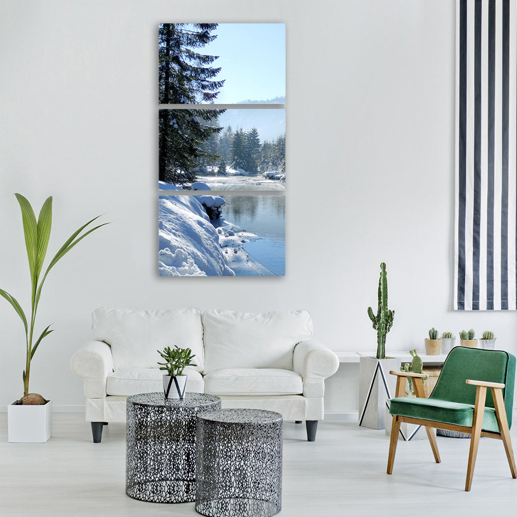 winter snow nature landscape river Vertical Canvas Wall Art
