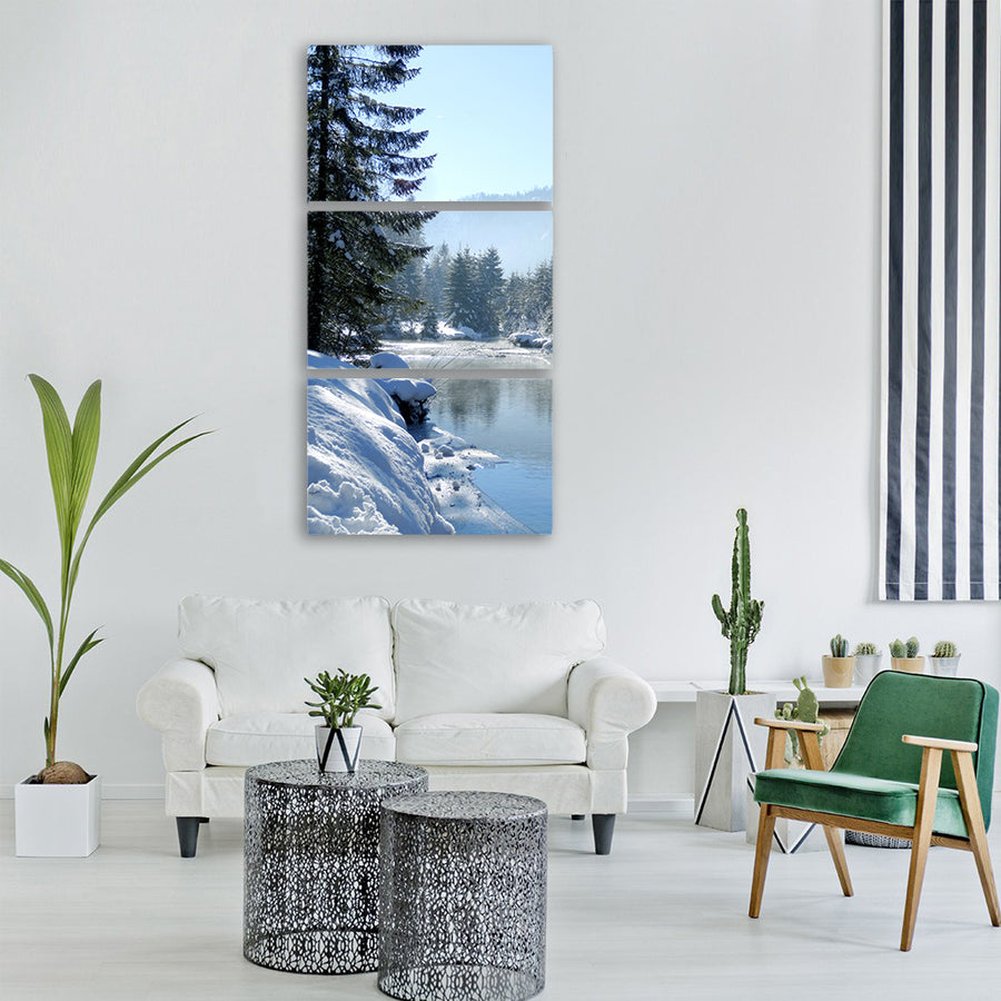 winter snow nature landscape river Vertical Canvas Wall Art